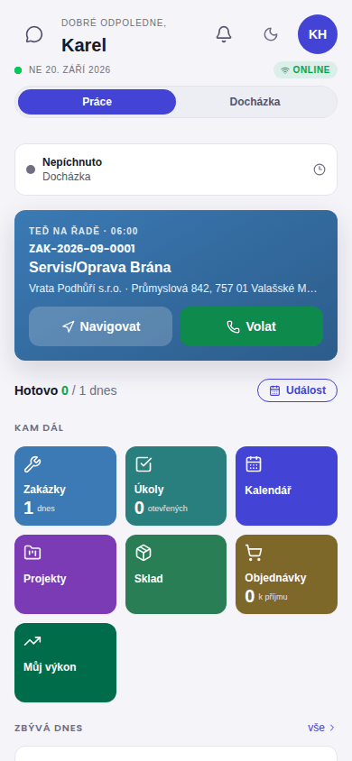 Zakázka na mobilu technika — adresa, navigace a kontakt, bez cen