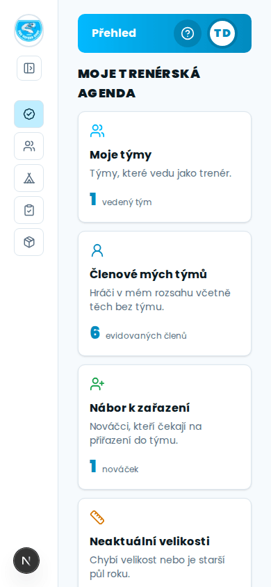 Trenérská agenda na mobilu — jen vlastní týmy a jejich členové