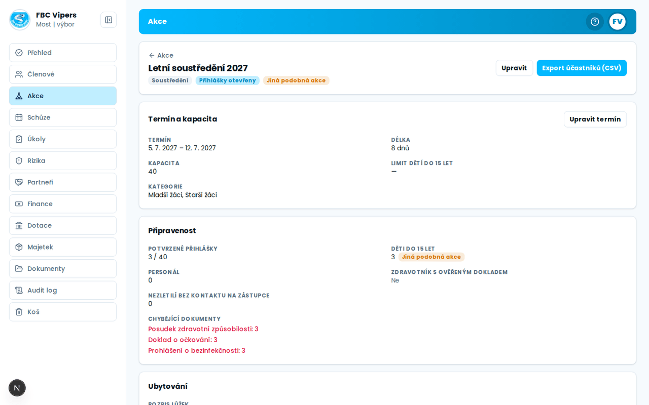 Detail soustředění — termín, kapacita, připravenost a chybějící dokumenty
